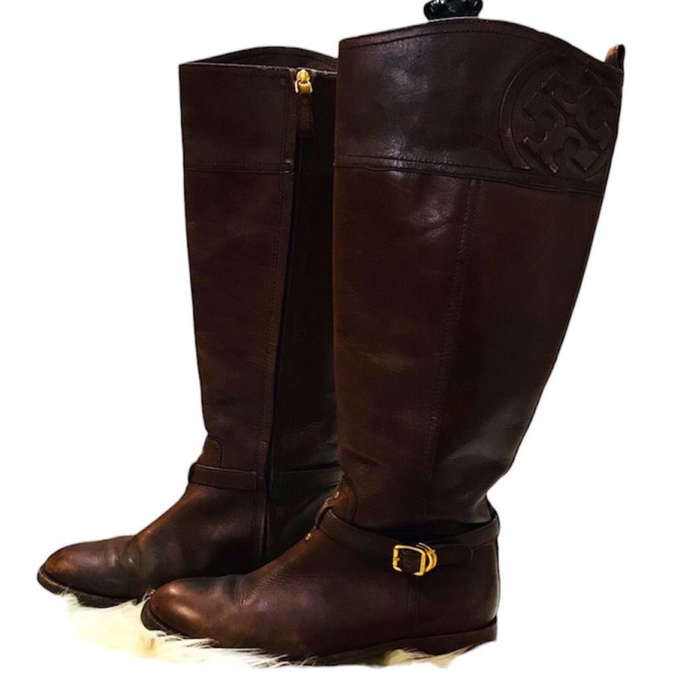 TORY BURCH TALL LOGO BROWN LEATHER RIDING EQUESTRIAN BOOTS sz 8M, AMAZING!